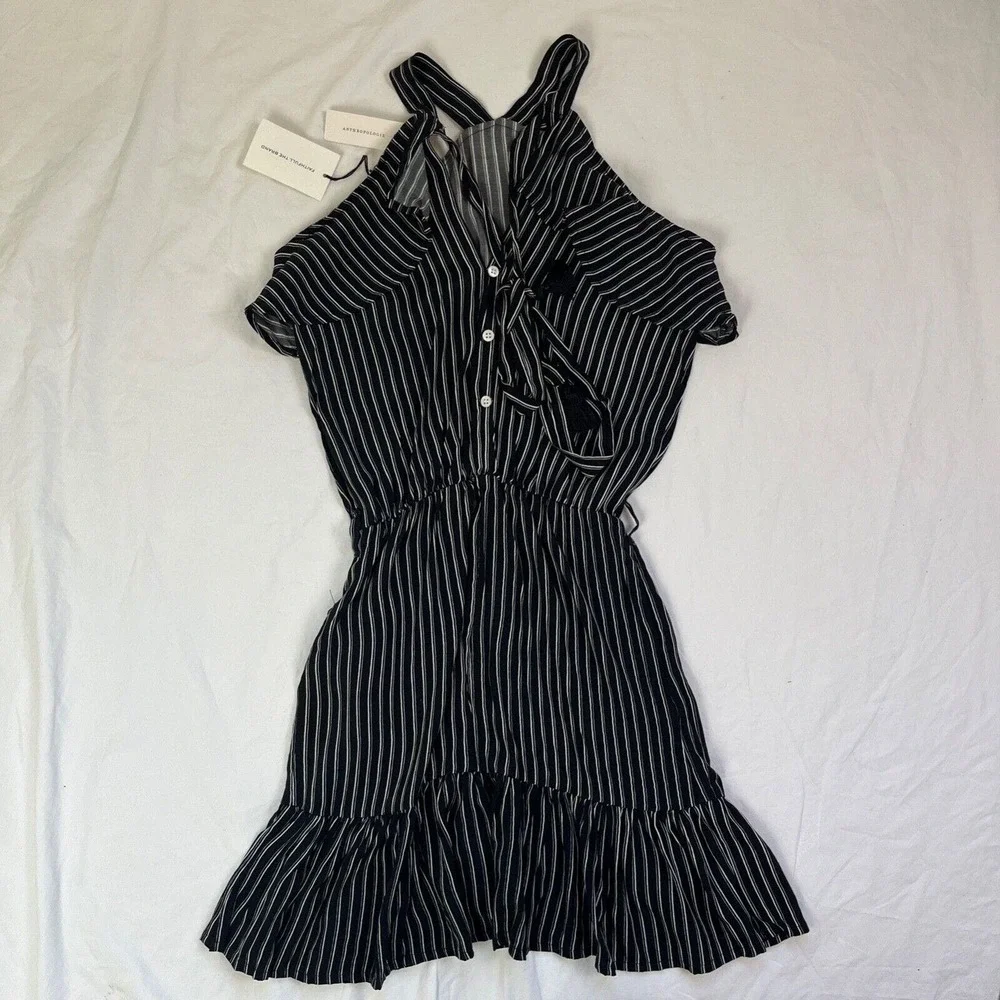 Faithfull the Brand Manarola Dress 2 XS San Cristobal Stripe Black Mini Ruffle - Picture 5 of 8